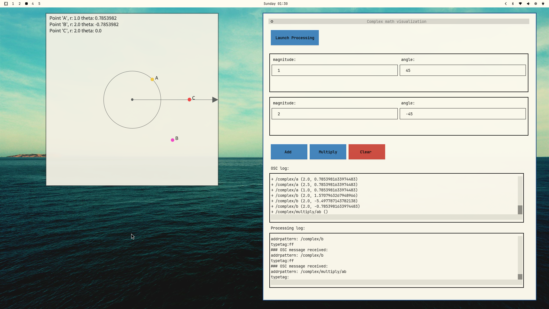 Multiplying 1(cos 45 + i sin 45) by 2(cos -45 + i sin -45)